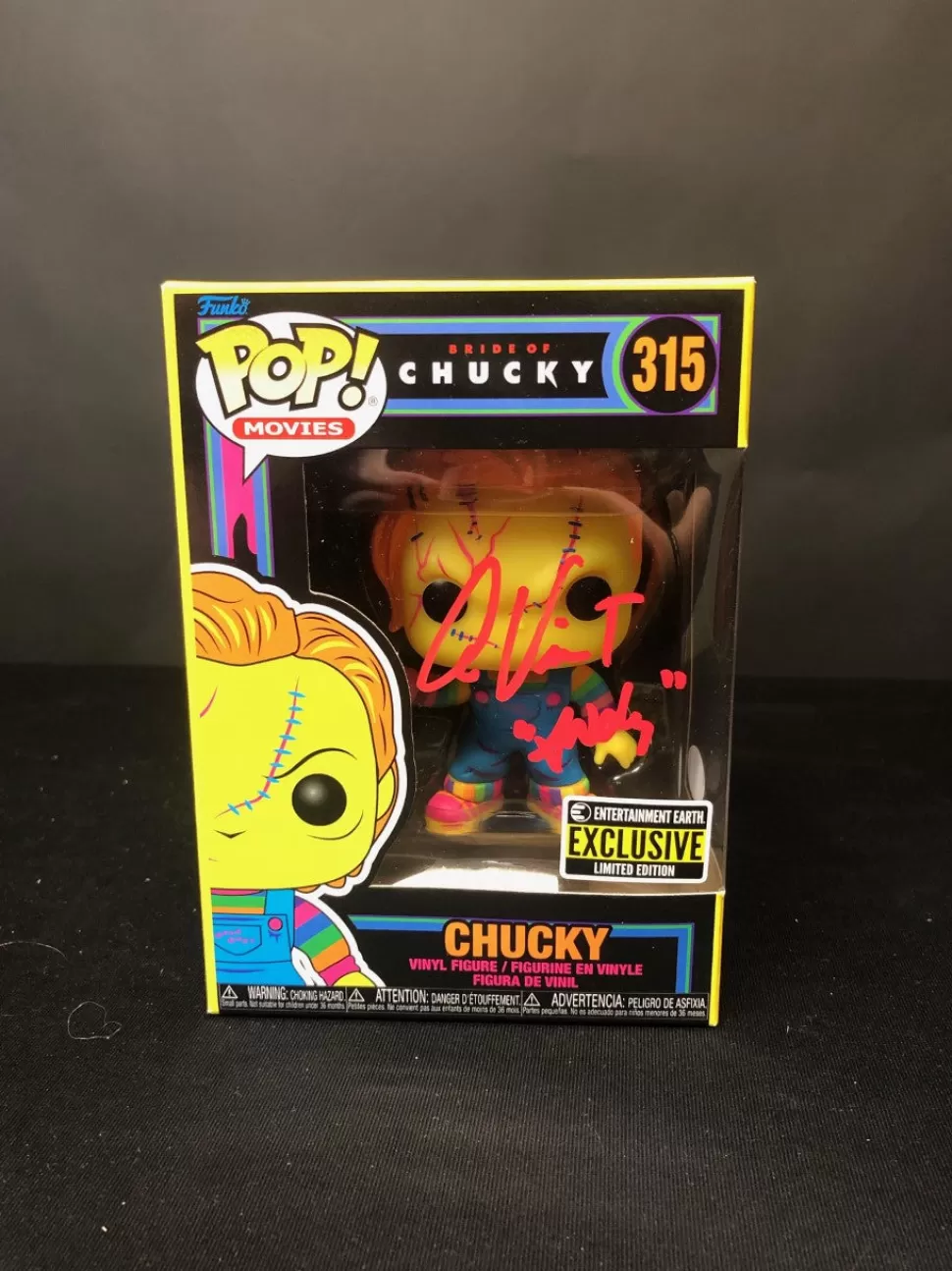 Nightmare Toys Child'S Play Chucky Black Light Pop! Vinyl Figure - Entertainment Earth Exclusive Signed By Alex Vincent W/ Jsa* Action Figures